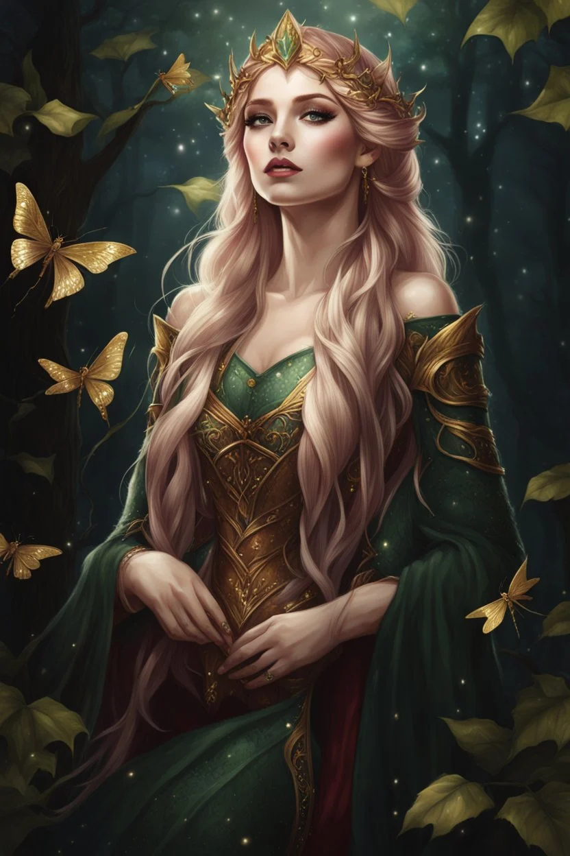 Burgundy hair, dark hair,dark red , rapunzel hair,very long hair,dark fairy princess,elven crown,night,dragonflies,beautiful,ong ashes,golden armor ,sparkle,night blooming,ivy,dark green,lilly of valley,golden elven crown,elven warrior,dark gold armor,extremely long hair