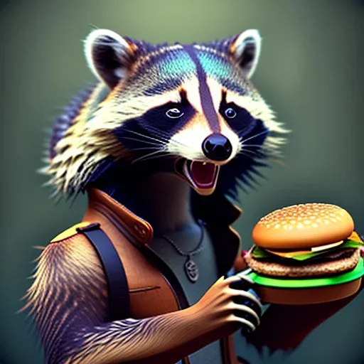 portrait of a male anthropomorphic raccoon holding a burger. character design. unreal engine 5, artistic lighting, highly detailed, photorealistic, fantasy.