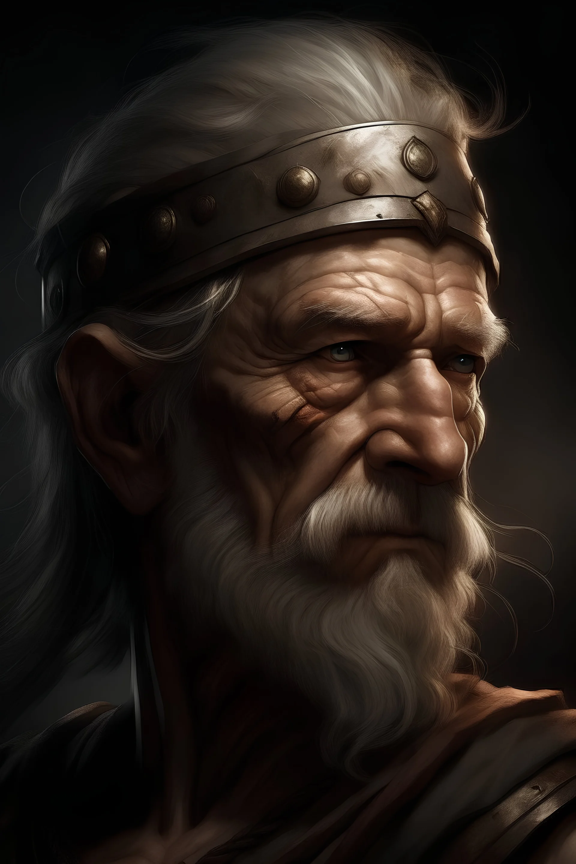Portrait of an old fantasy warrior with a scar on the left side of the head