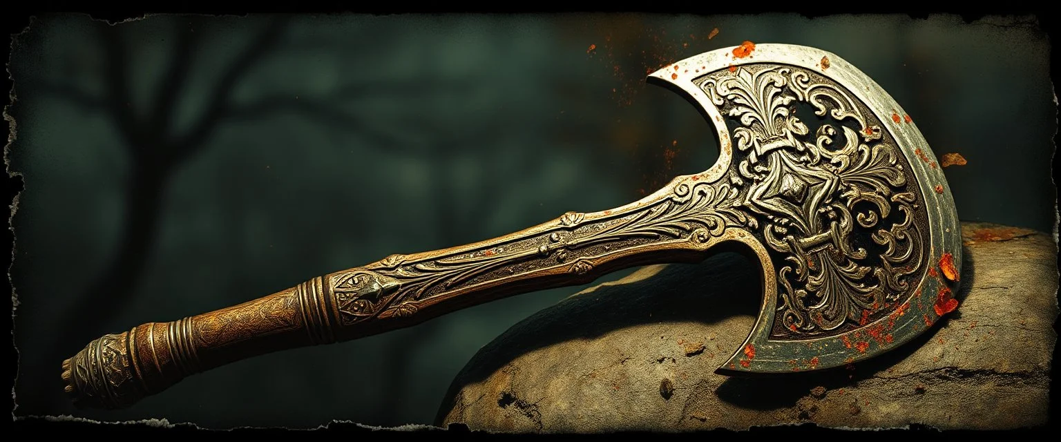 ornate axe , pinhole cam, airbrush 3d rendering, in the style of John Atkinson Grimshaw , torn edges on border