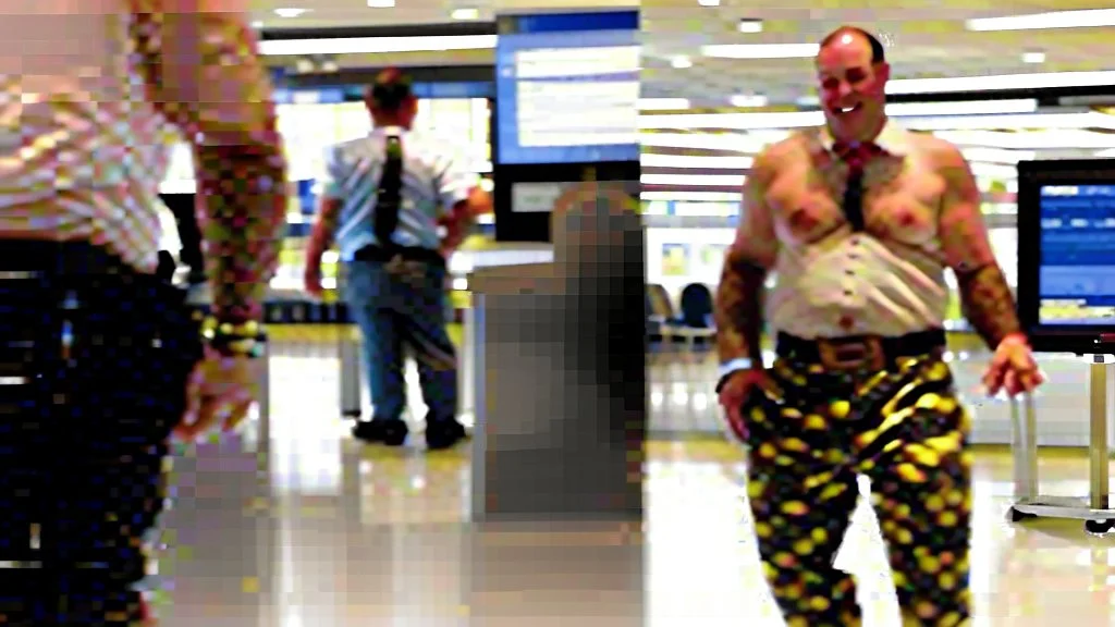 man with bulging pants scares hostess at airport lounge