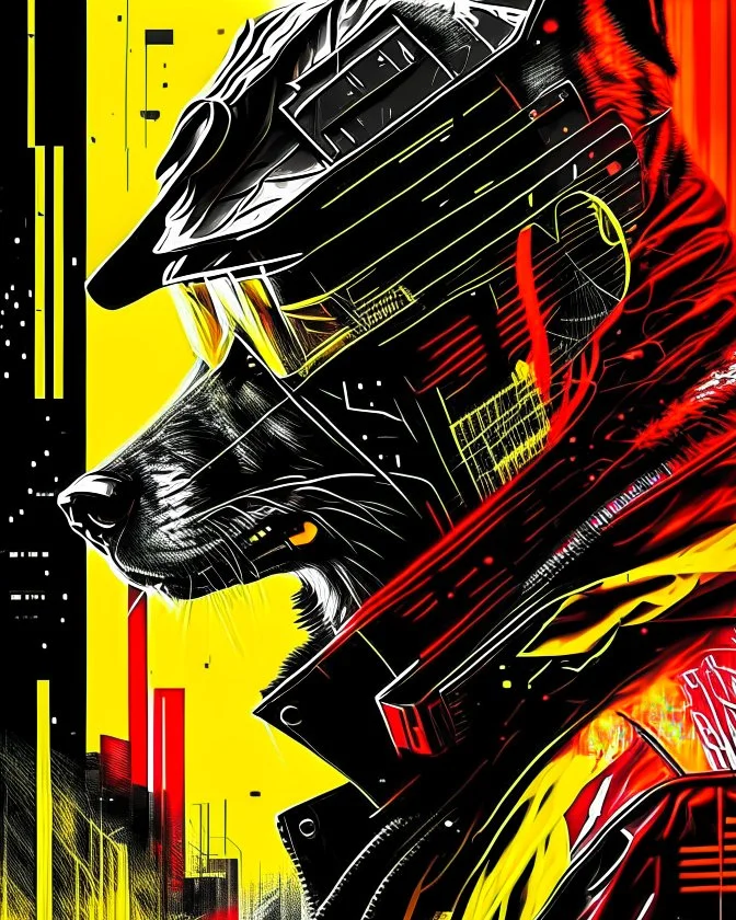 Dogman cyberpunk, lineal arte, intrincado, incredible work of art, black, White, red and yellow colors