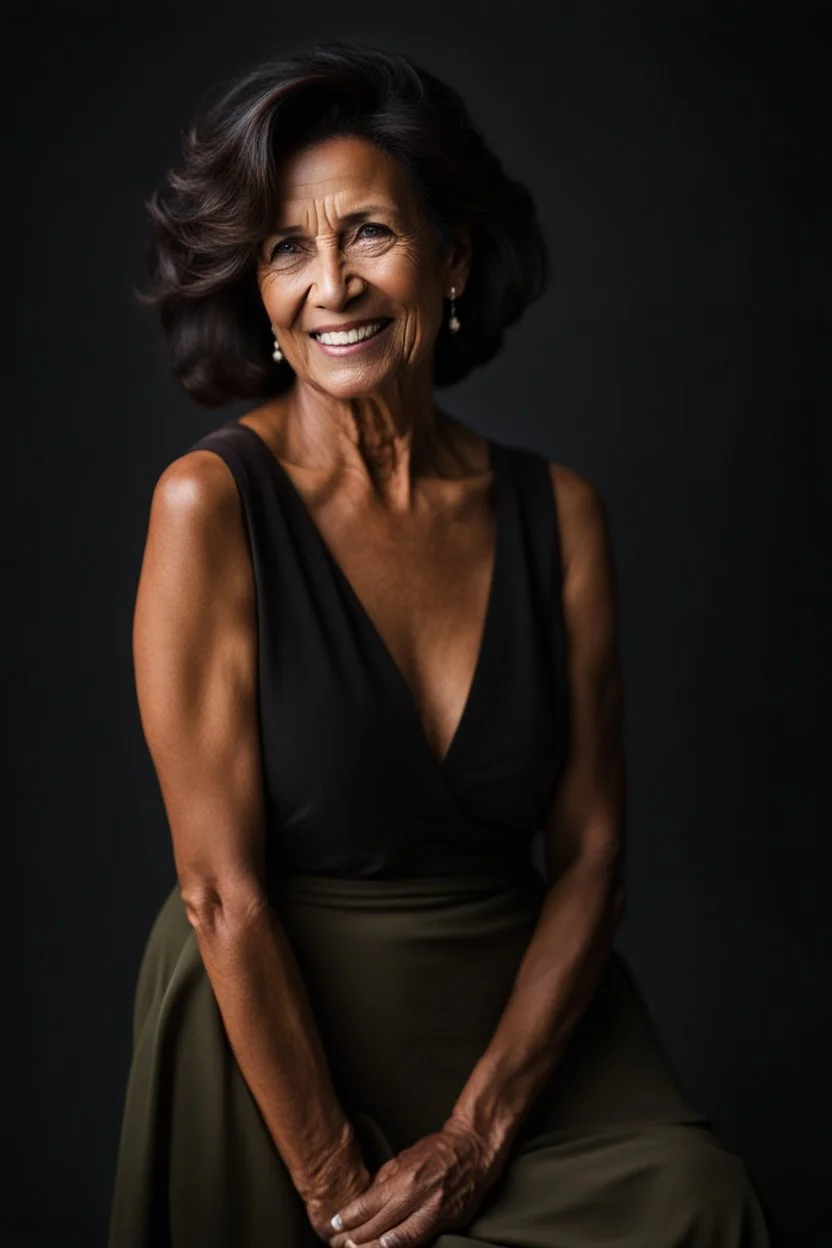 Portrait of a 60 year old Olive skinned woman, dark hair with hints of grey tied back, happy expression