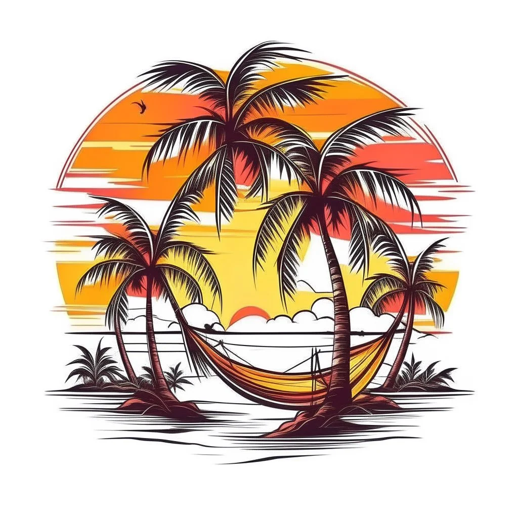 A tropical paradise island with palm trees and a hammock, dreamy, idyllic, sunset glow lighting, T-shirt design graphic, vector, contour, white background