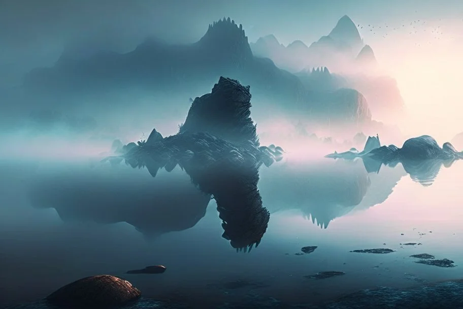 distant city, sea, mist, rocks, lake reflection, epic