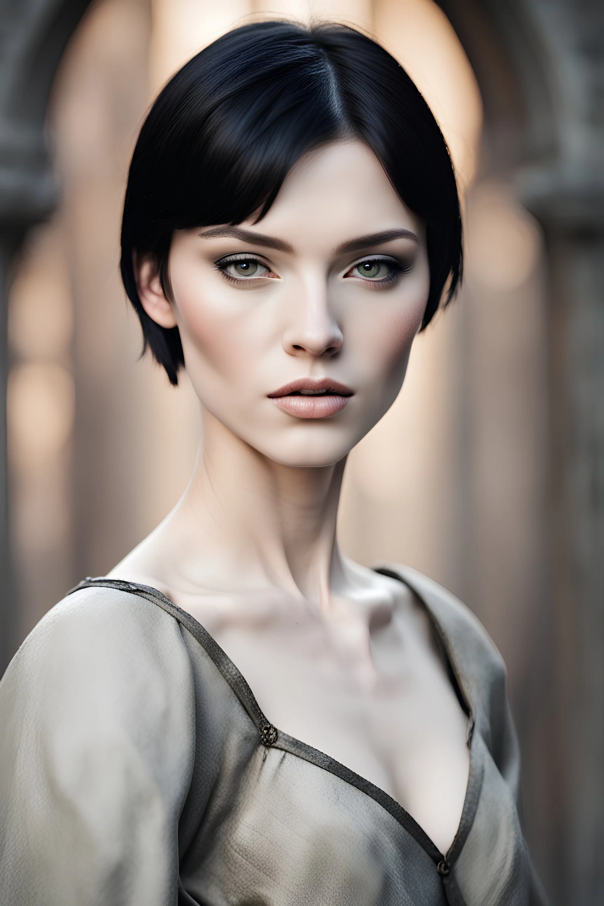 Scandinavian medieval woman with black short hair, pale skin, pretty lips, athletically built