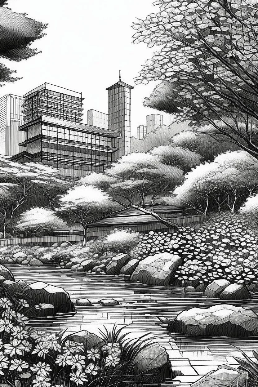 Tokyo garden in Spring abstract pencil black and white STYLE OF HIROKU OGAI