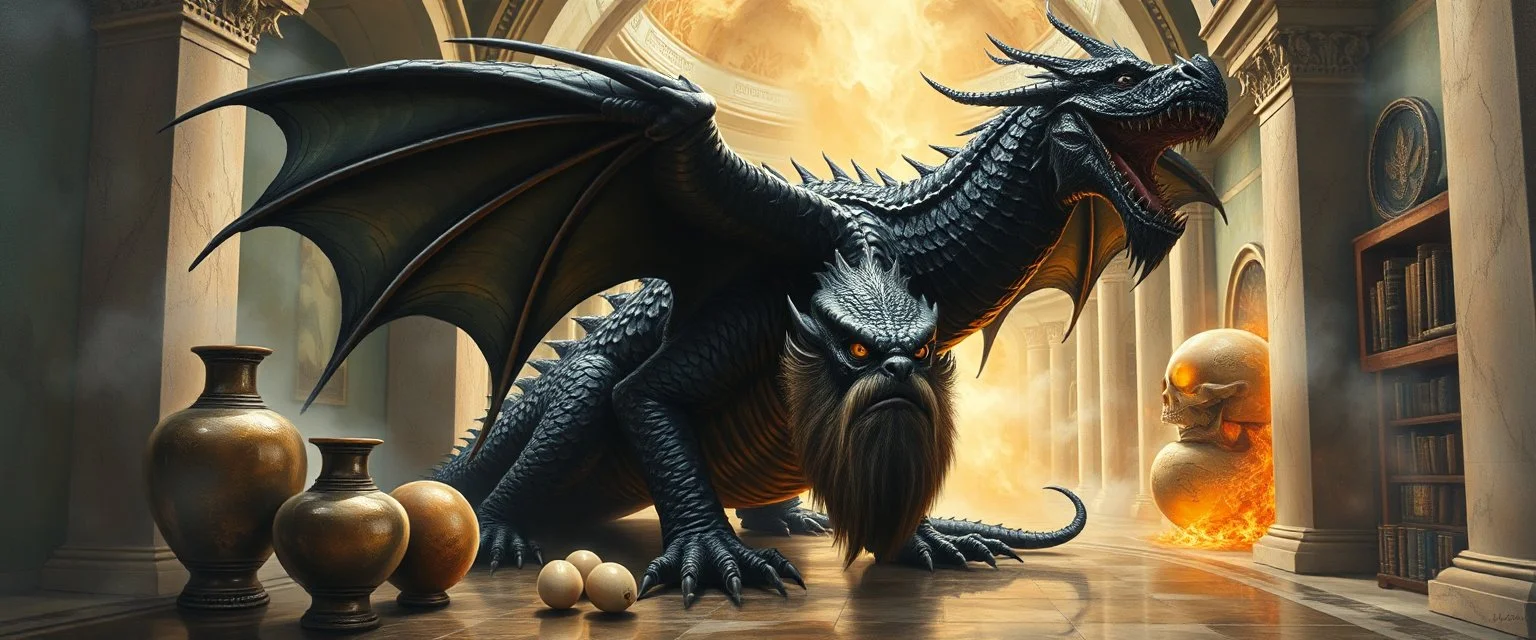 master oil painting by Escher and Giger, glaring vases and black humanoid reflective expressive long clunky obese elder dragon and hidden magic aura golden dragon with beard inside marble hall library, cryptic eggs, sacred geometry, fire fog and steam border, fire elemental creature, twisted dimensional portal for ice elemetals only