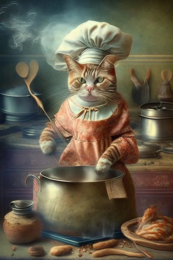 mother cat dressed in an aprin cooking