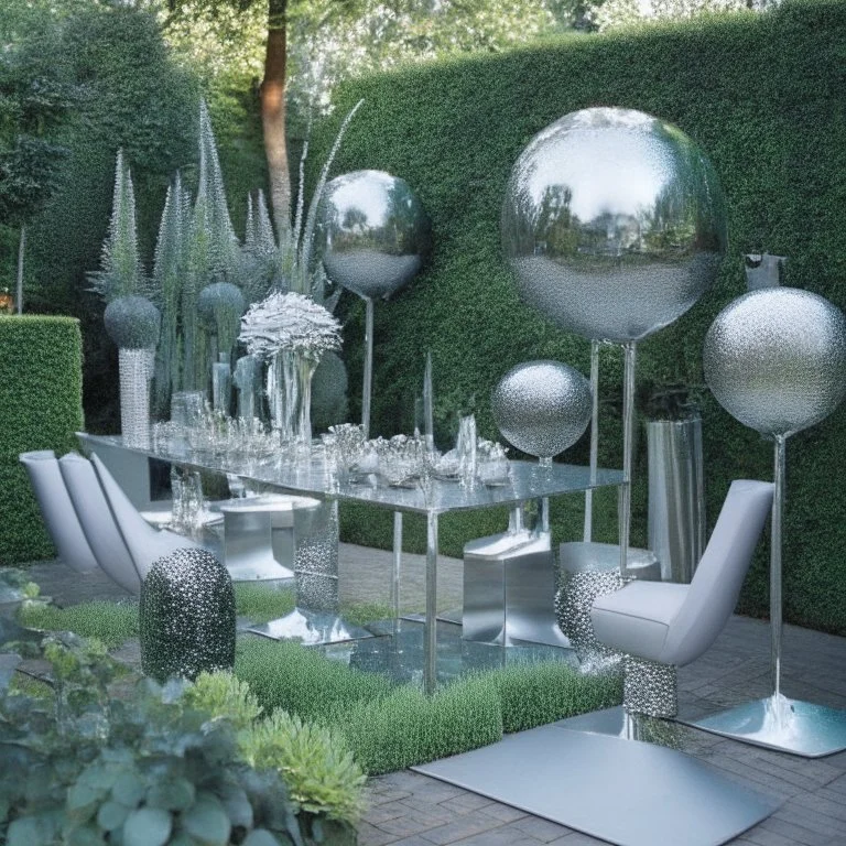 A picture of a modern garden with silver party decoration