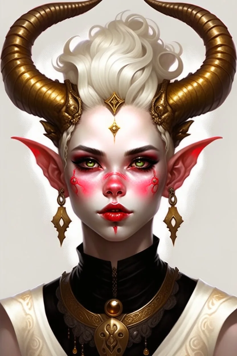 A young tiefling woman with a set of ram horns on her head encrusted with jewels, White-Blonde, short hair, black eyes, no pupils, dressed in all white, beautiful, she looks like an angel