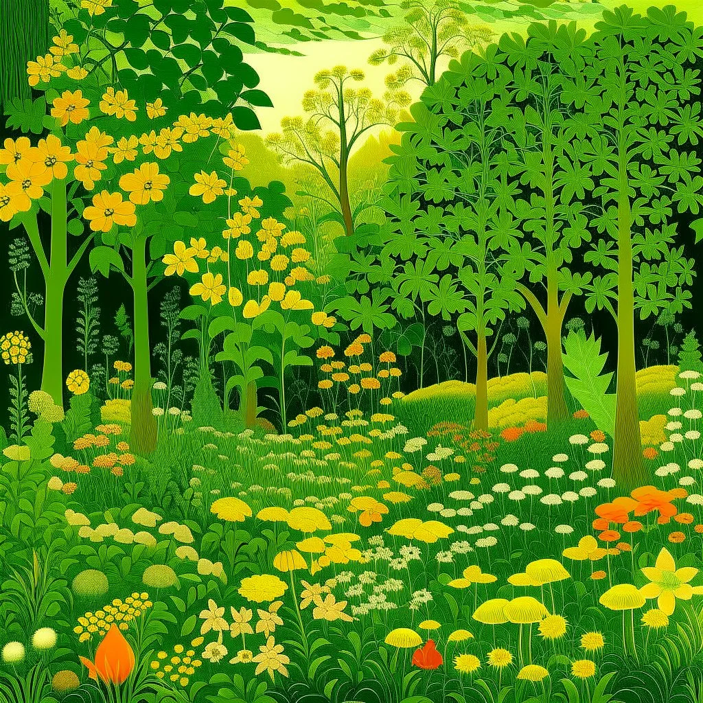 A lime green forest filled with flowers painted by Edward Hicks