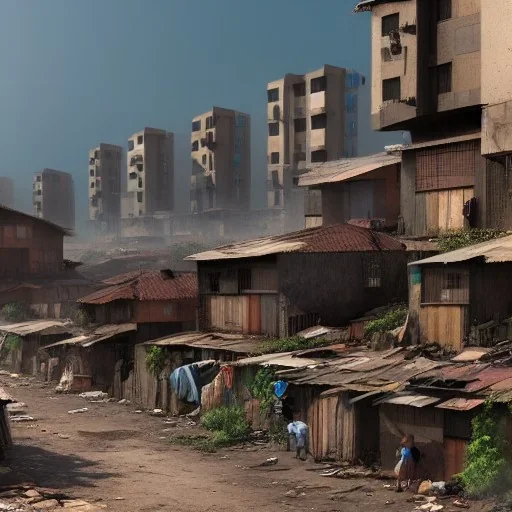 slums in the hill,sunny, hyperrealistic, concept art style, 3d, render,