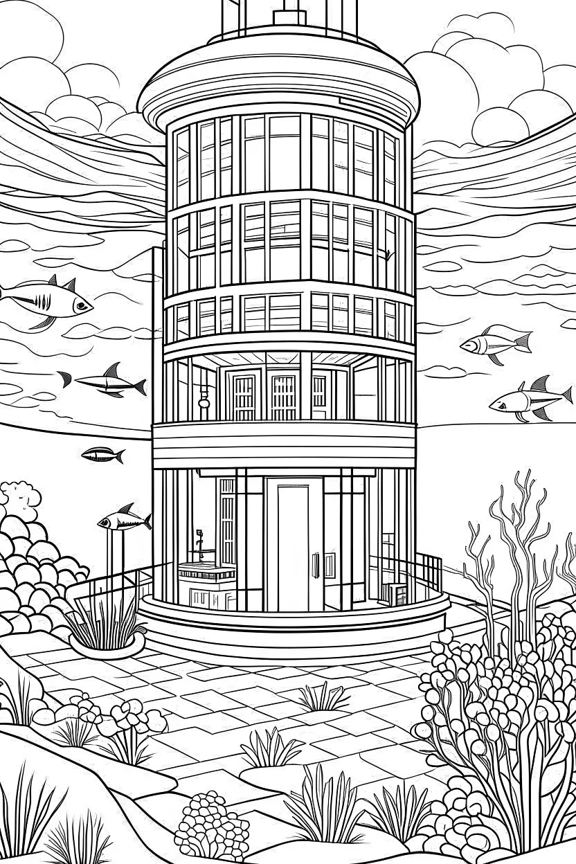 "Underwater Oasis: Dive into Luxury at the Subaquatic STAR Hotel." each unique, flat vector, full view, only draw lines, clean line art, –no sketch, white background, minimalistic black lines, minimal black color, coloring page, thin black line art, perfect shape, perfect clear lines,