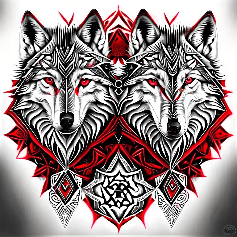 Wolf symmetrical design ink art silver colors red white and black hyper-detailed realistic 8k