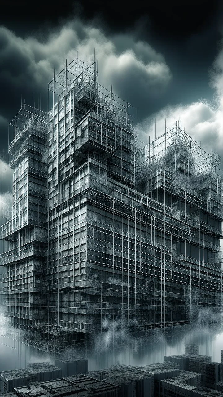 Synthography Art generated Of a high rise building with visual details of mechanical and electrical components and chips and components textures with gray clouds storm in the background