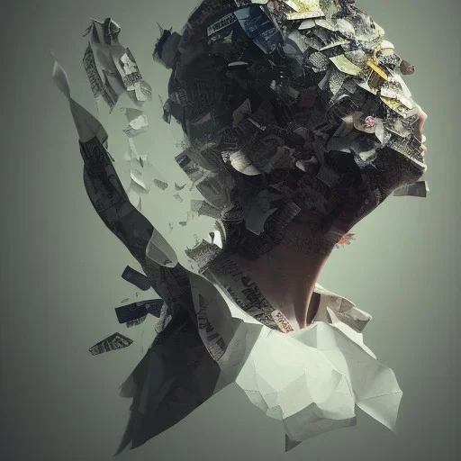 rendered in blender trash bag on his head and crumpled paper as a texture, collage paper and tape, slit - scan photography, high resolution, cinematic, unreal 6, breathtaking detailed