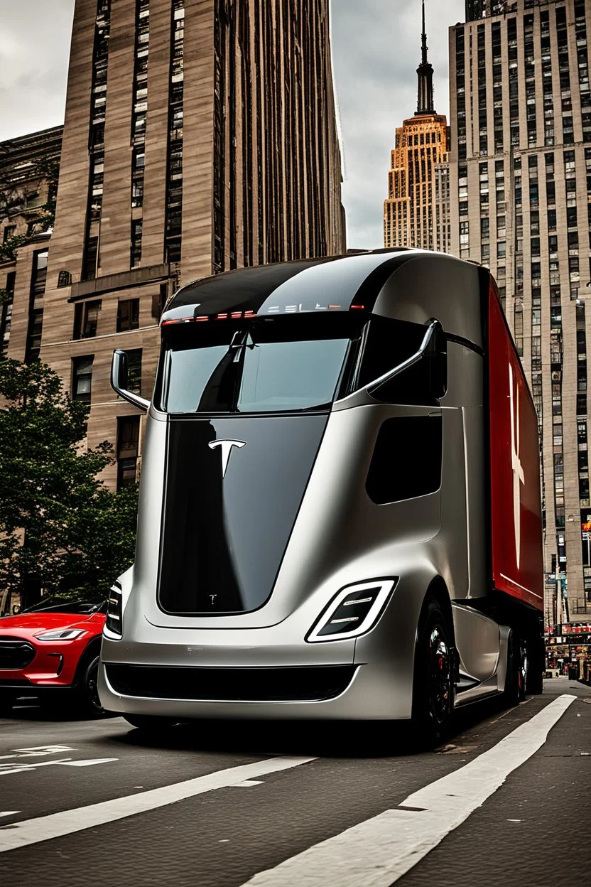 A Tesla semi-truck is parked, near the "Empire State Building' in New York. CINEMATIC. WIDE ANGLE LENS. PHOTO REAL.