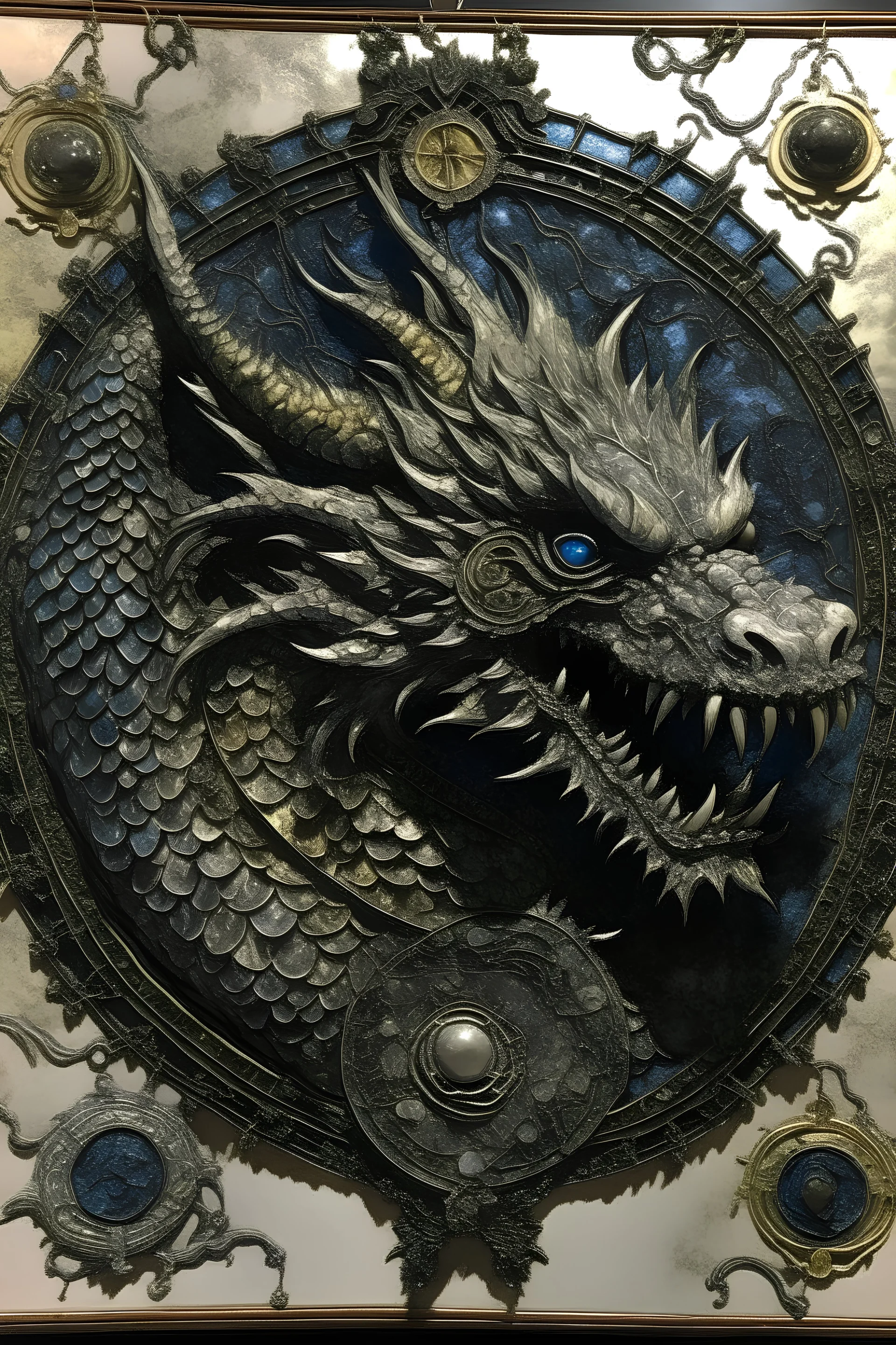 Mixed media painting, Dragon's head, with a round black filigree ornament in the corner