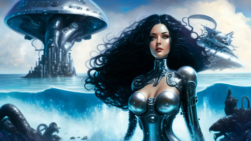 woman with dark hair in a silver robotic catsuit, standing on a futuristic alien beach with a crashed spaceship in the water, with mushrooms with octopus tentacles flying in the air