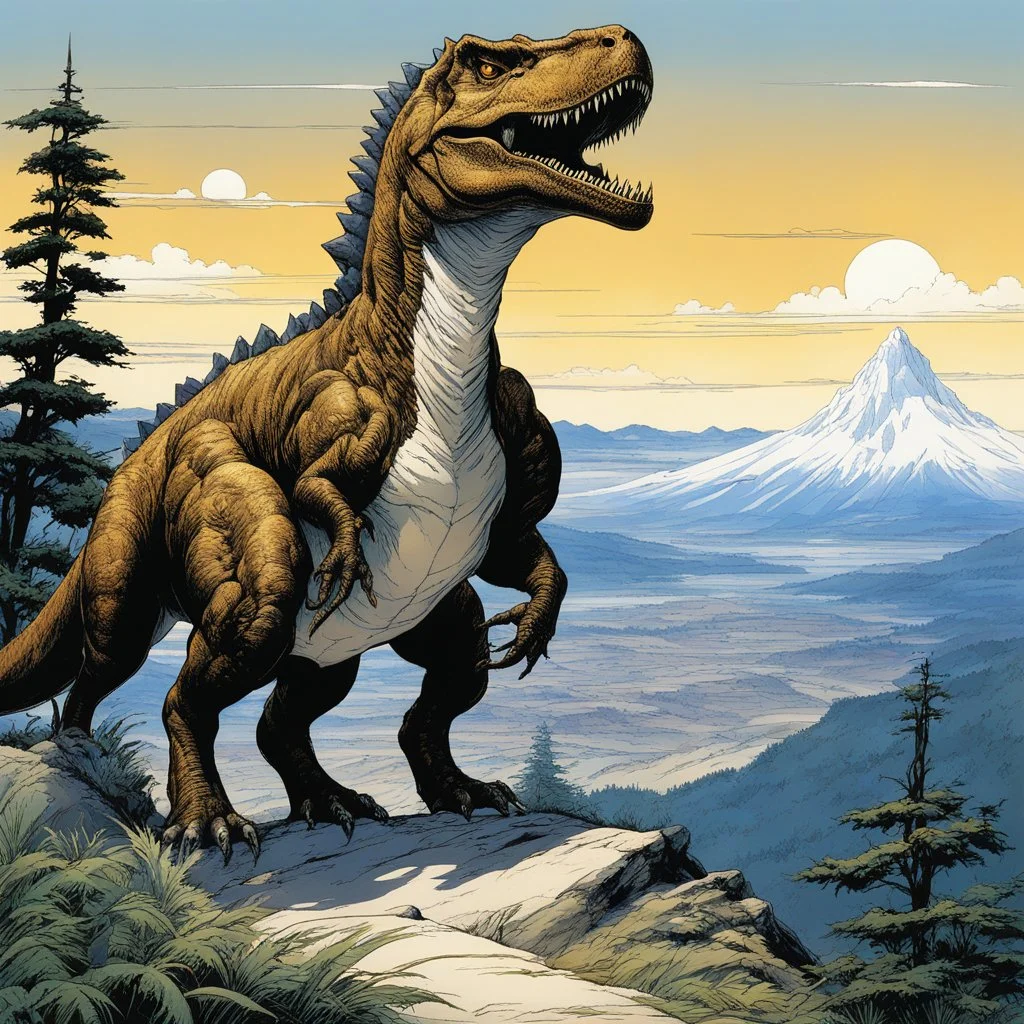 (in the style of Orion, by Masamune Shirow) a t-rex on the top of his hill