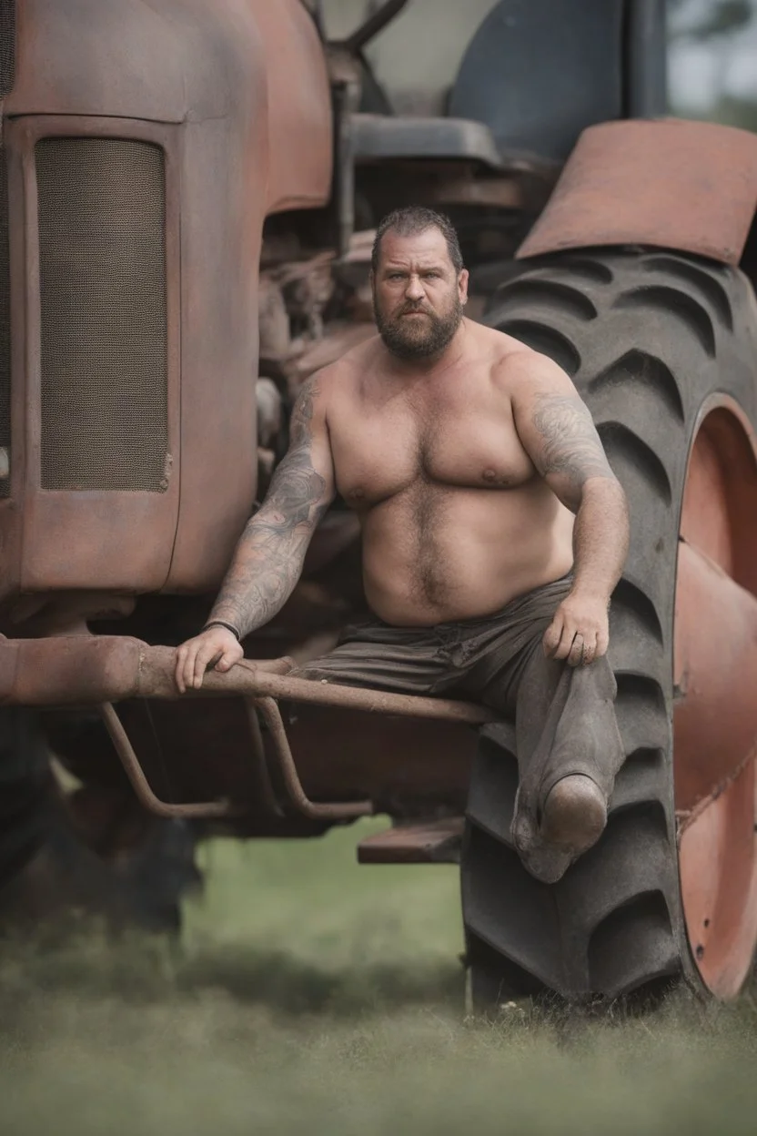 extreme close up photography of a ugly strong overweight 42 year old gipsy tractor driver shirtless in short pants to his tractor in the field , sunlight, manly chest, bullneck, big nose, short beard, angry eyes, tattoo, long curly hair, photorealistic, side light , frontal view from the ground, cinematic