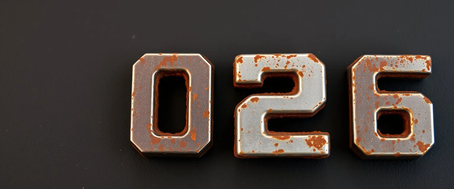"2026" in squared block letters made of shiny and rusty metal on contrasting background