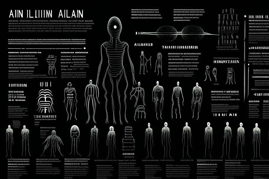 infographic made by aliens about humans beings, black background, strang gliphs, few text with big characters