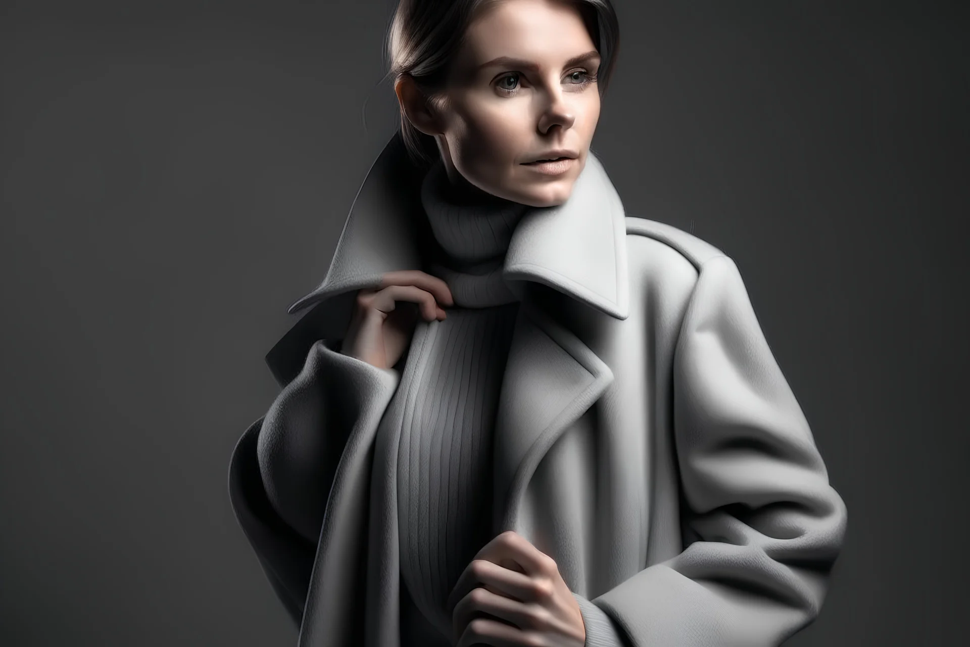 an image of a female model in a grey wool coat. light grey background. fashion style photo