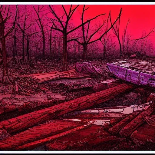  line Art coloured, destroyed, post apocalyptic, darkred tones,