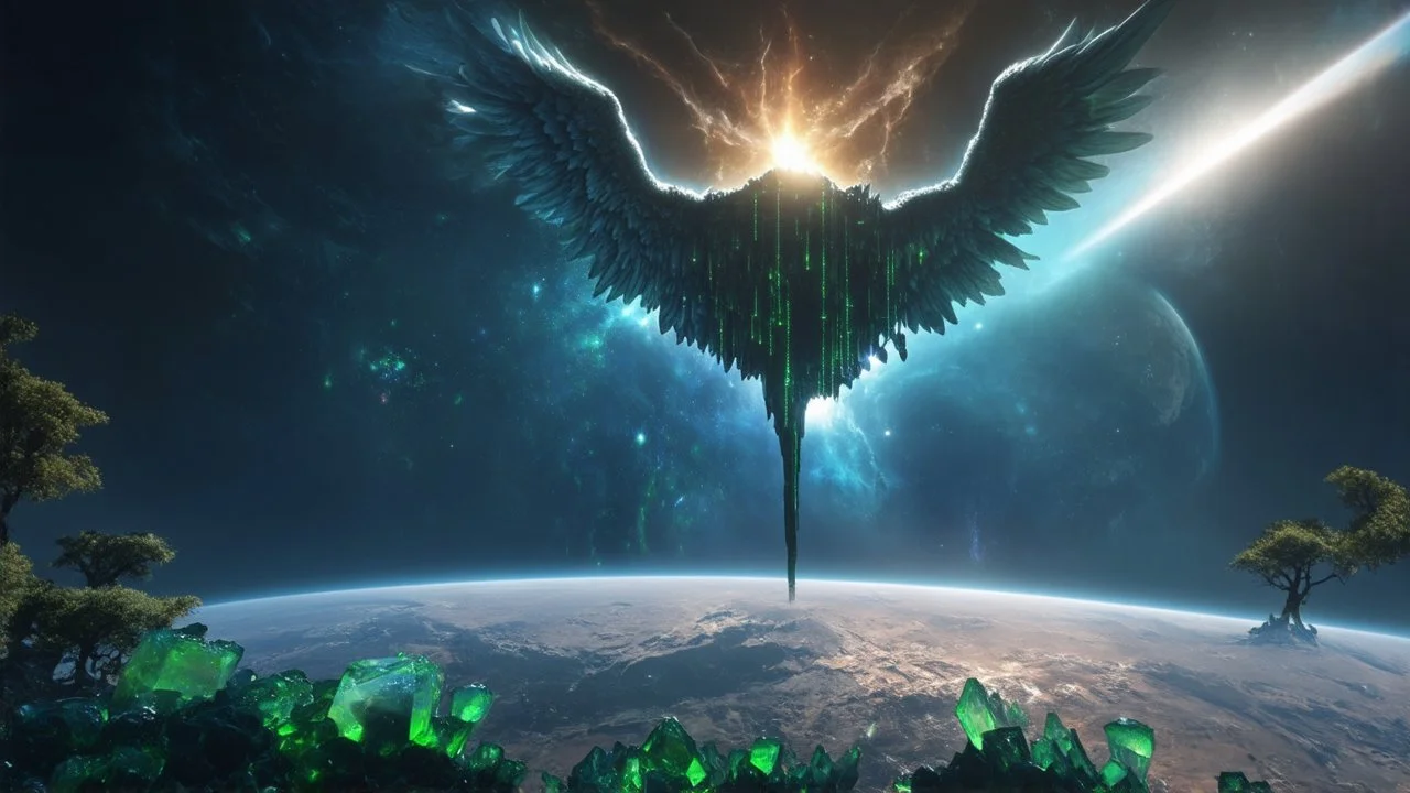 matrix universe, space, planets, god creation, angels from other dimensions with beautiful wings, trees on the planet, behind green crystals of light, command conquer tiberium monolith deposits on the planet near tree,