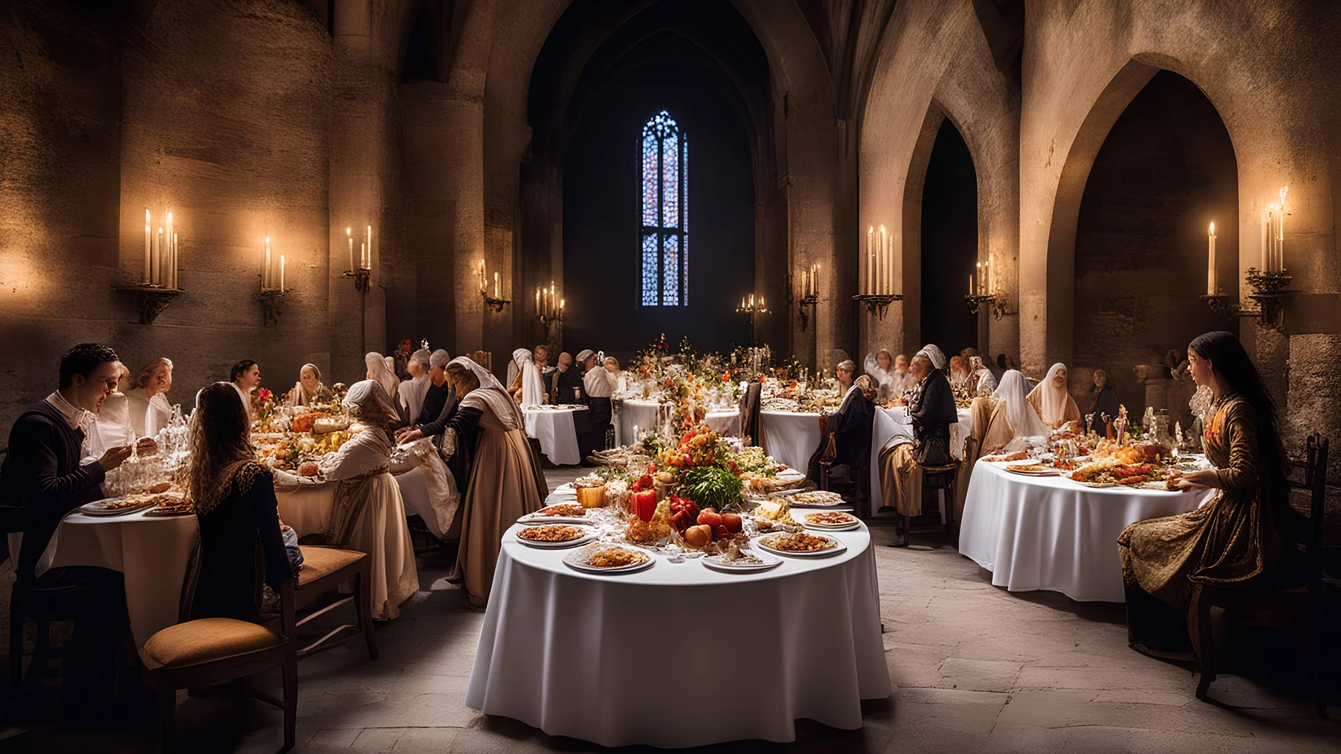 1498, delightful, sensitive, delicious food, mediaeval banquet, confident, delicate, night, darkness, architecture, filled with delicious food, award-winning photograph, beautiful composition, delicate colour, chiascuro