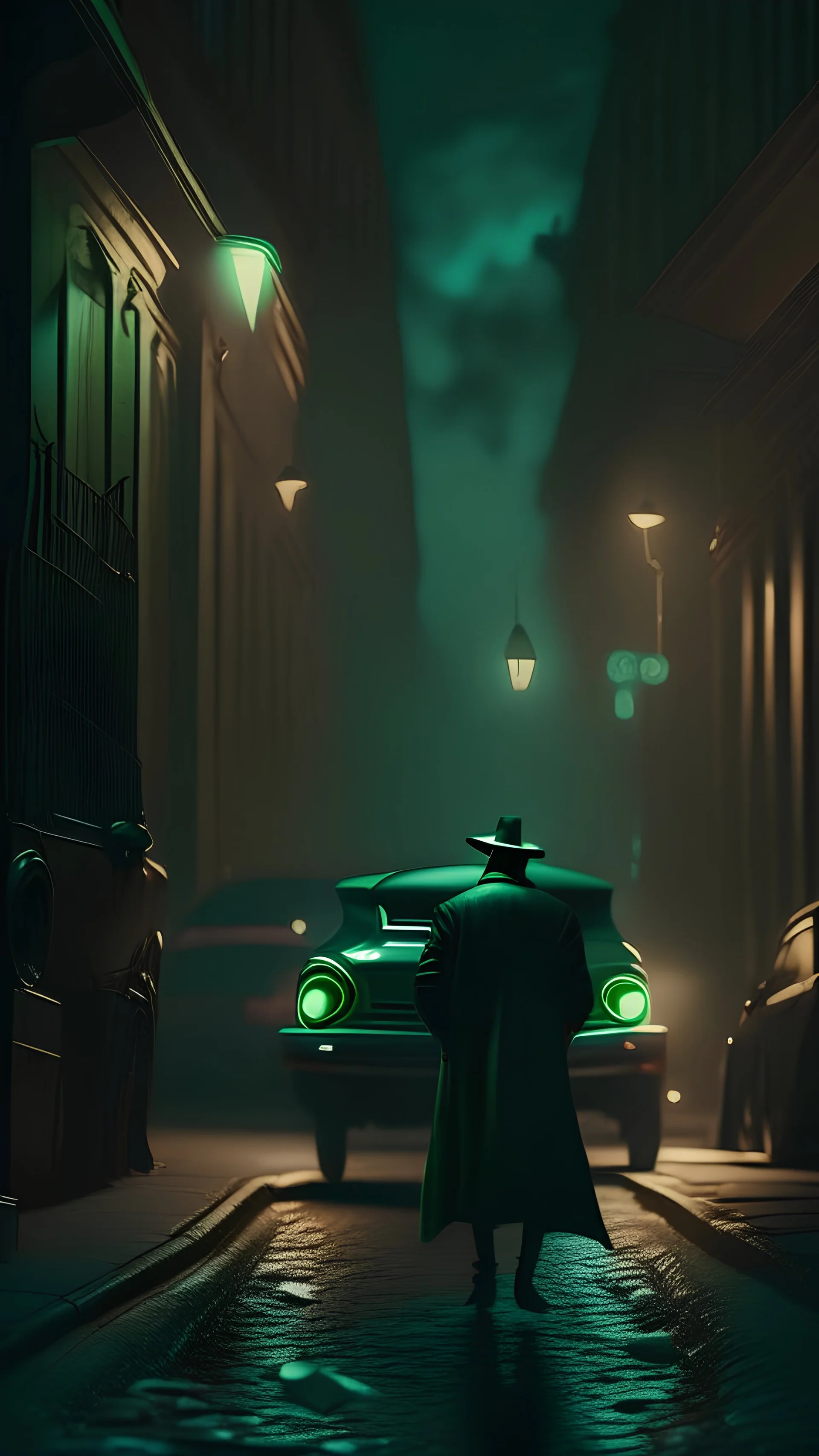 A dark street with an unknown man walking in his hand, a bag with money falling from it, and a luxurious car next to him, and there is a green shadow., hyper realistic, 8k, ultra hd, pixar style, disney stile, cinema 4d, --ar 3:2