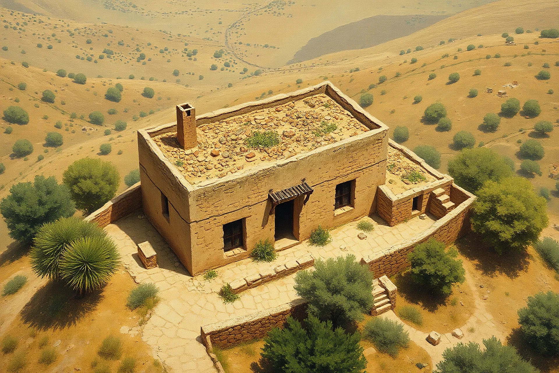 vintage style painting of an old Greek mud brick house from an aerial view