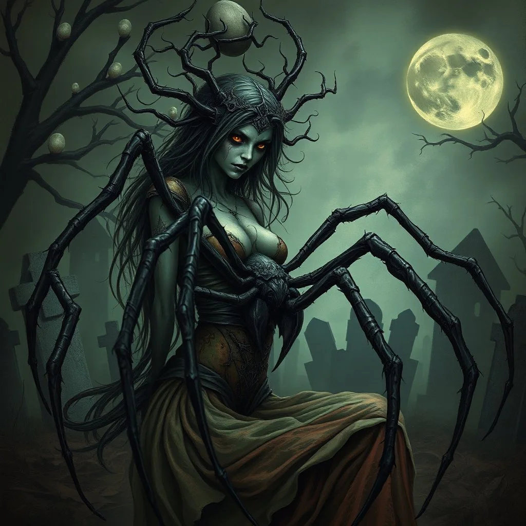 female eldritch horror, spider inspired, intricately detailed, graveyard background, hauntingly beautiful, horrific, ethereal