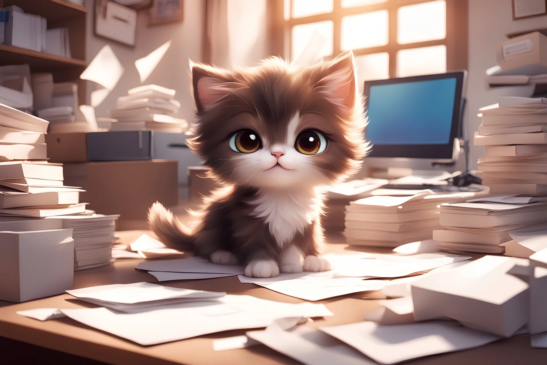 Cute fluffy chibi pixar brunette kitten working very hard at a desk, surrounded by lots of paper, computers and paper boxes, in the sunlight.