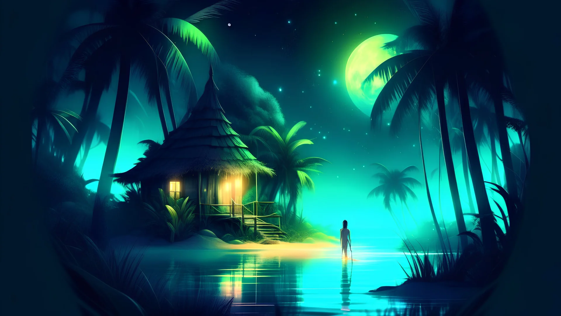 Idyllic lush green lagoon bioluminescent with palm trees and tree house with a glow from the inside a couple in love and dancing on the lagoon’s beach
