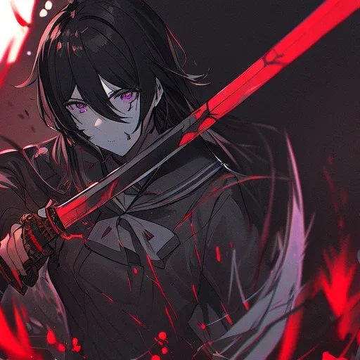 Clear focus, High resolution, rough line sketch art, long black hair, hair between eyes, fluffy hair, purple eyes, wearing a black and red sailor uniform, dark aura, mad, holding katana, bloody mess