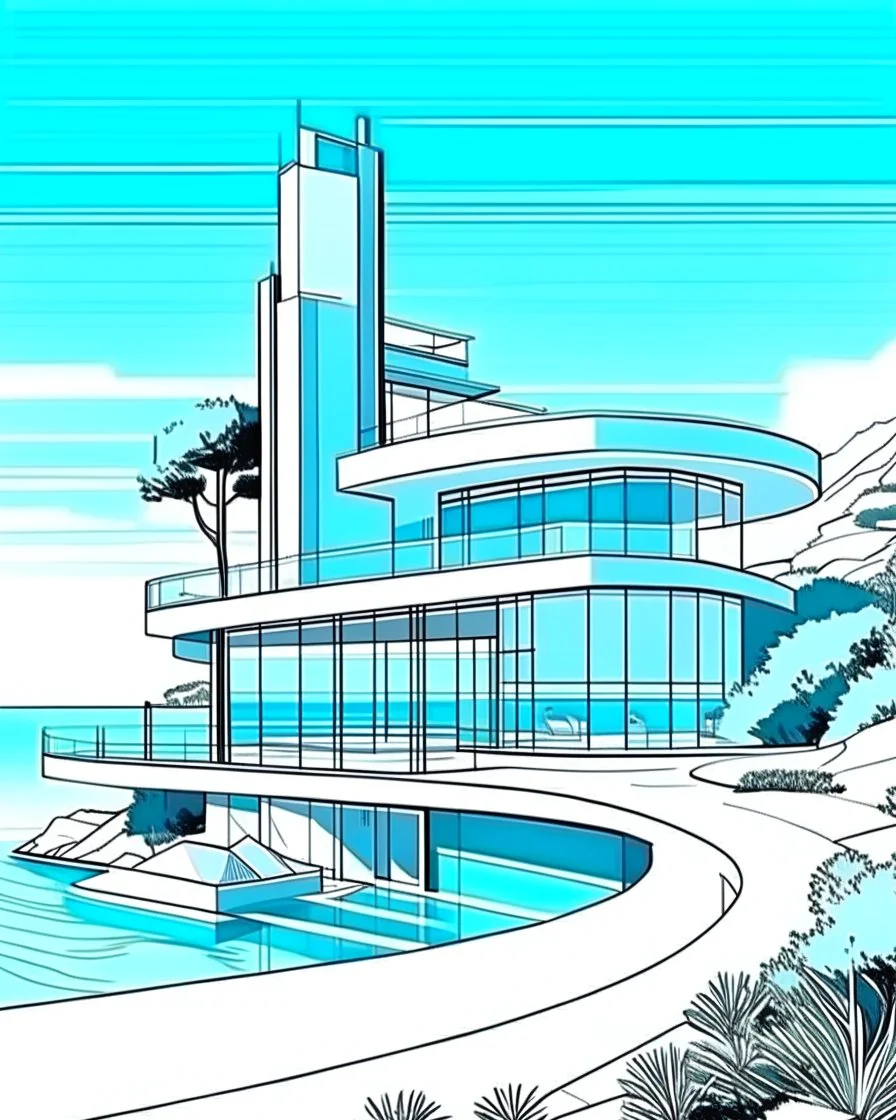 Architectural illustration of a captivating masterpiece of modern minimalist architecture, neo-futurist style. The scene shows a luxury house or resort on a cliff by the sea. Trees three people. Clear summer weather. Complementary colors.