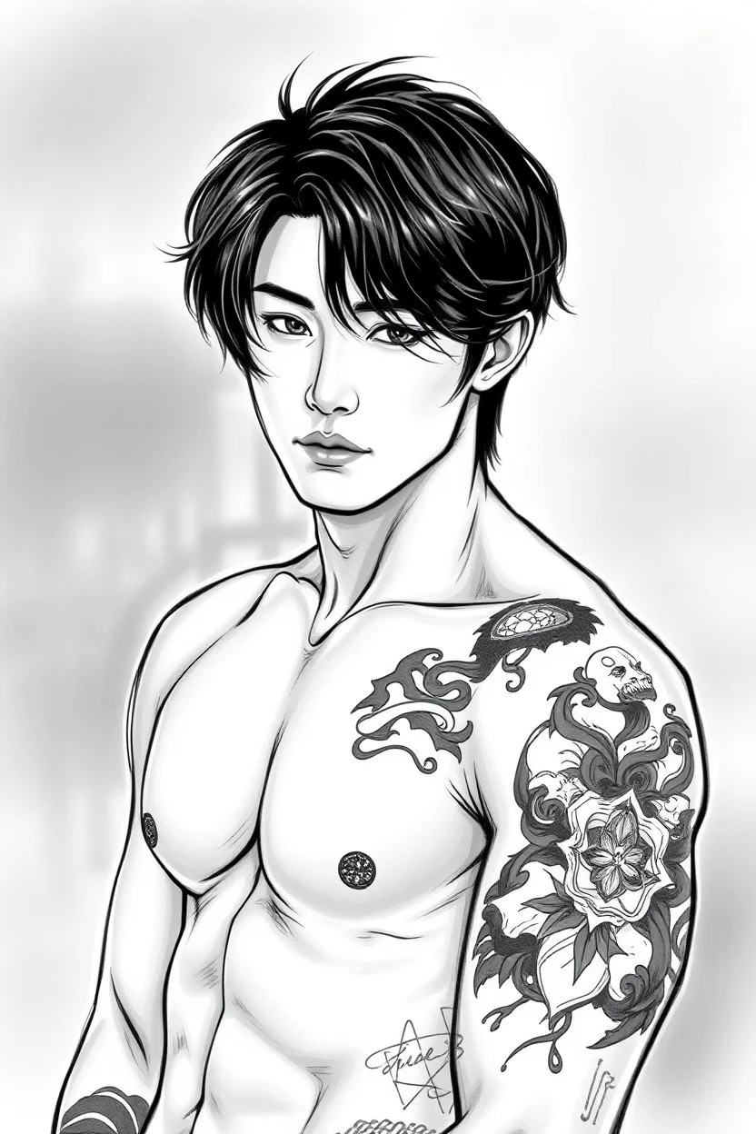tattoed korean man, Asain man, nice pfofile, attraktive handsome, medium long black hair, hot body, body with tattoo, strong lines, blur background, highly detailed drawing, modern vibe, artwork, grayscale, no photorealism