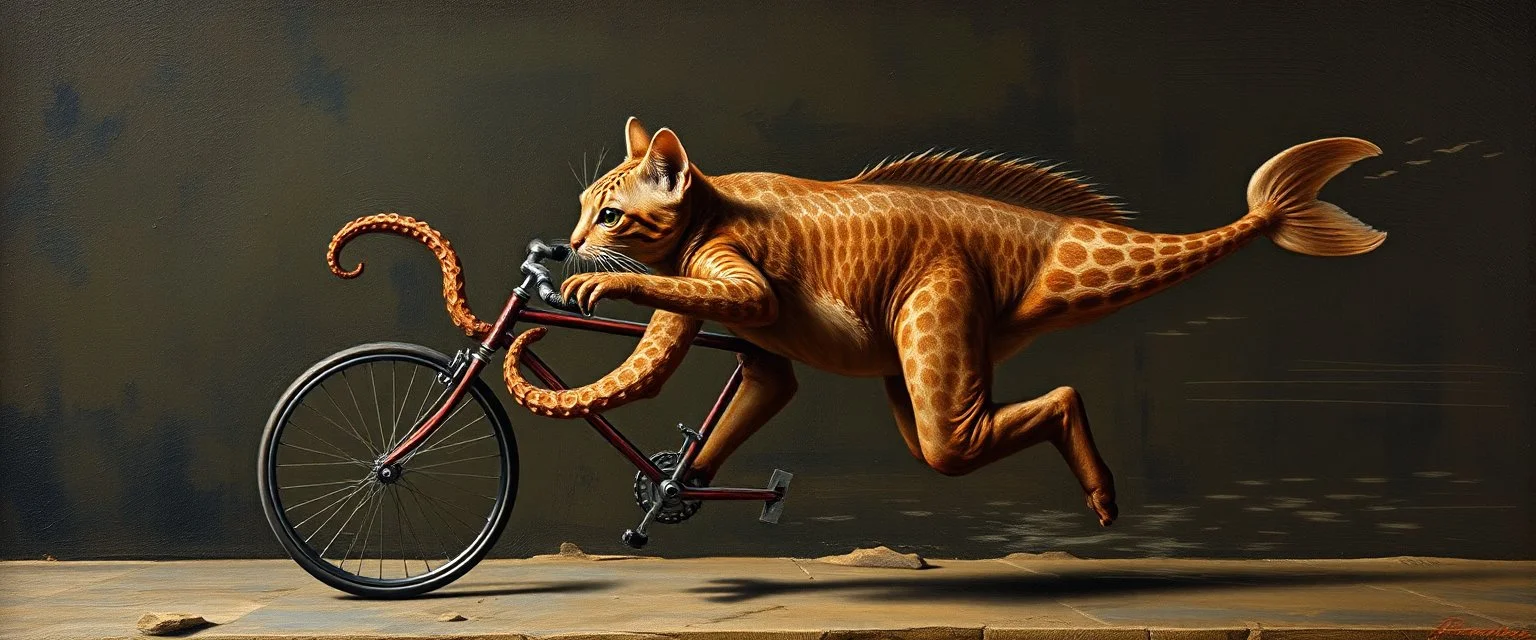 master oil painting by Rembrandt, cat octopus orc fish salamander running marathon with a bike