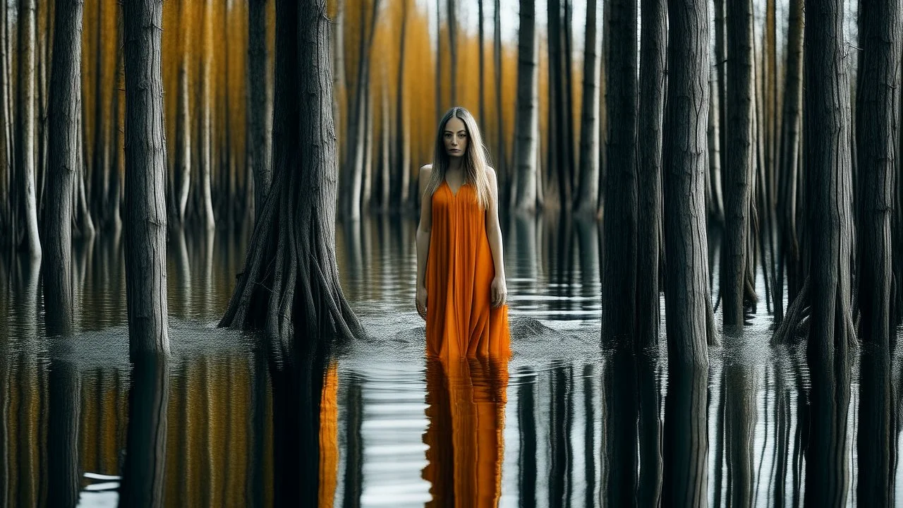 Woman with long hair and orange dress standing in shallow water surrounded by vertical birch trunks.