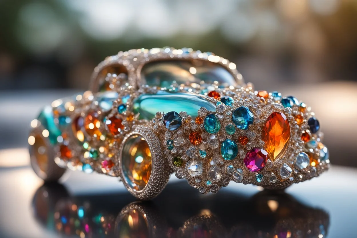 Coloured glass car set with gemstones, glittering metal stems and gemstone leaves sharp focus elegant extremely detailed intricate very attractive beautiful dynamic lighting fantastic view crisp quality exquisite detail gems and jewels S<AI in sunshine Weight:1 Professional photography, bokeh, natural lighting, canon lens, shot on dslr 64 megapixels sharp focus Weight:0.9