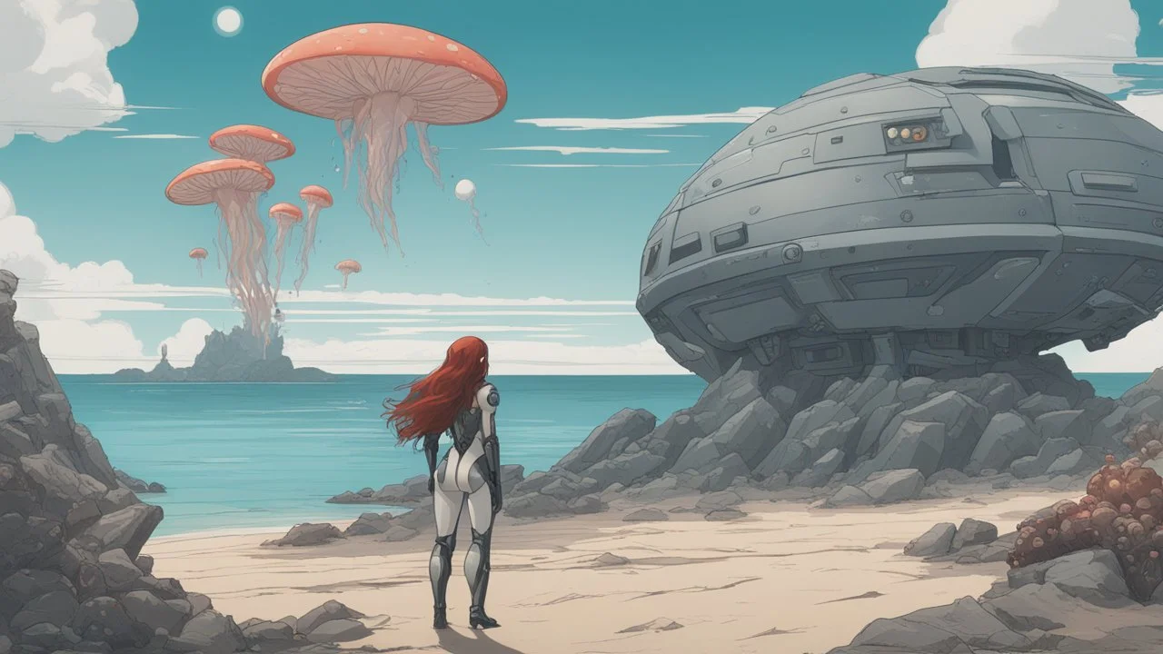 A long-haired woman in a robotic-looking catsuit standing on a beach of a rocky landscape with flying mushrooms with jellyfish tentacles and a crashed spaceship in the distance, with a forest beyond