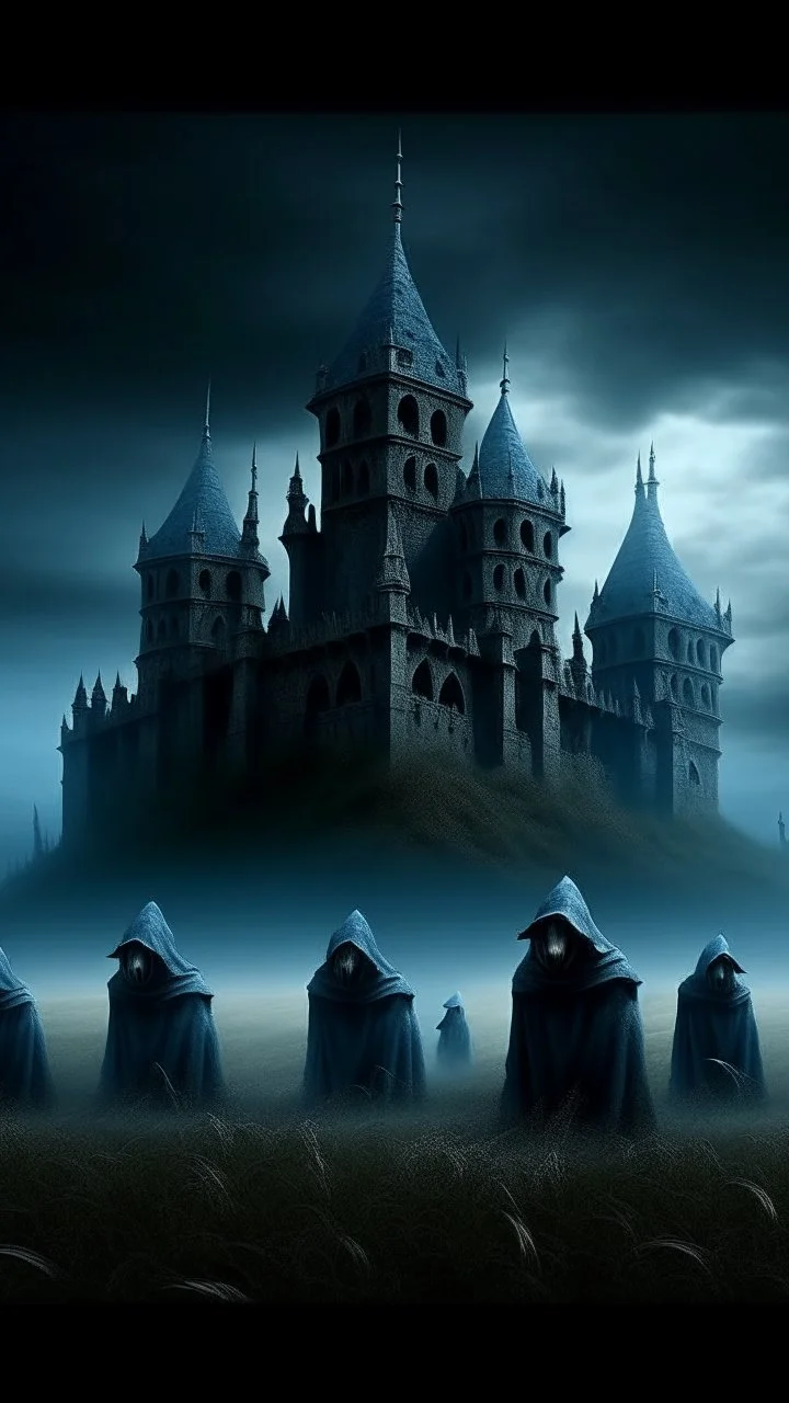 A group of scary large hooded evils figures with glowing white eyes looking at you . A big castle in the background in a blue and gray ,cloud of stormy weather , ultra hi quality picture with cinematic science, tragedy, A big field of grass near front view