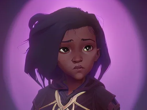 Portrait of a pretty 10 year old dark skinned girl warlock toddler with dark curly hair