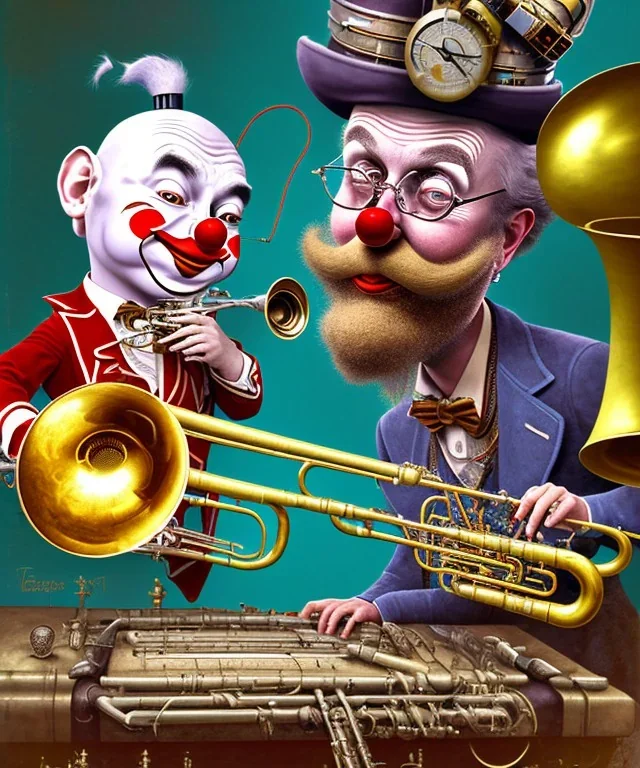 mechanoid old friendly fat clown with short beard playing jazz with a steampunk theme, trumpet, realistic