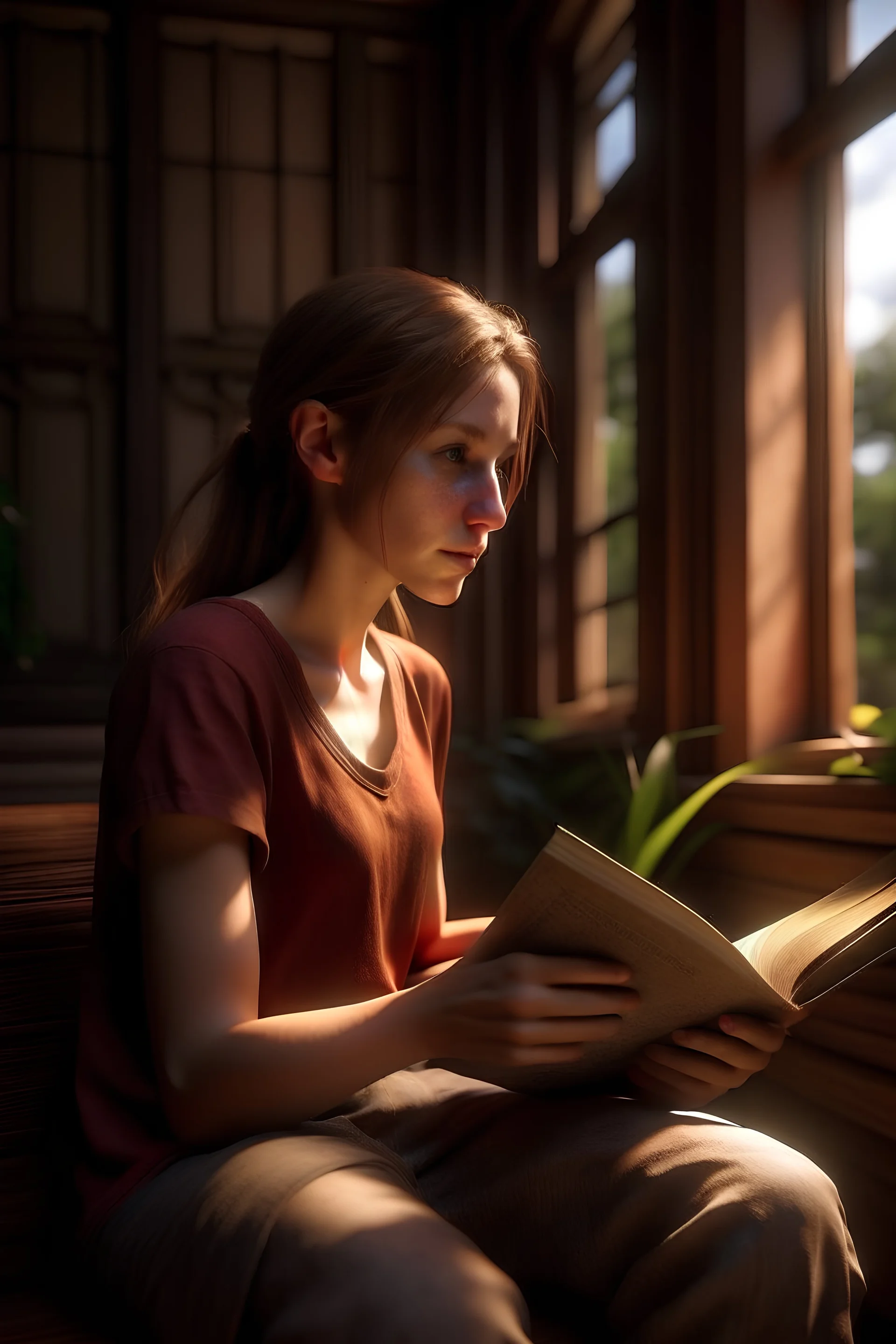 imagine prompt: Realistic, personality: [Illustrate a medium shot of Sally sitting on the porch with a big book in her hands. She is engrossed in reading and has a calm and focused expression on her face. The warm sunlight highlights her features] unreal engine, super real --q 2 --v 5.2 --ar 17:55