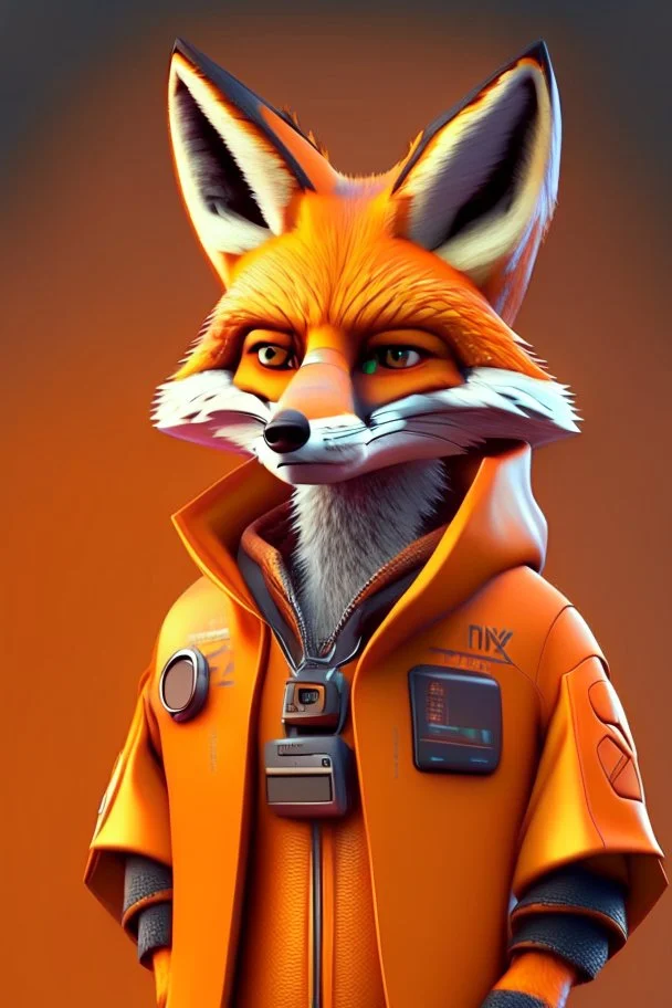 Fox character portrait dressed in tech clothing in orange, in 3D realistic