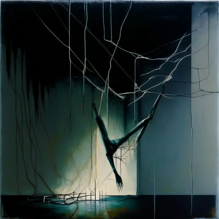 Minimal abstract oil painting of a falling person limbs sinew. Amongst concrete fragments brutalist architecture and hanging wires illuminated at night. In the style of Justin Mortimer and Francis bacon